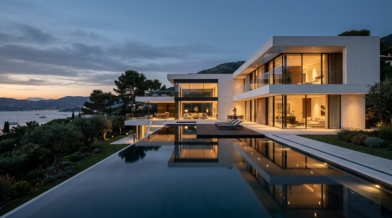 Moderne Luxusvilla aus Glas und Beton in der Abenddämmerung