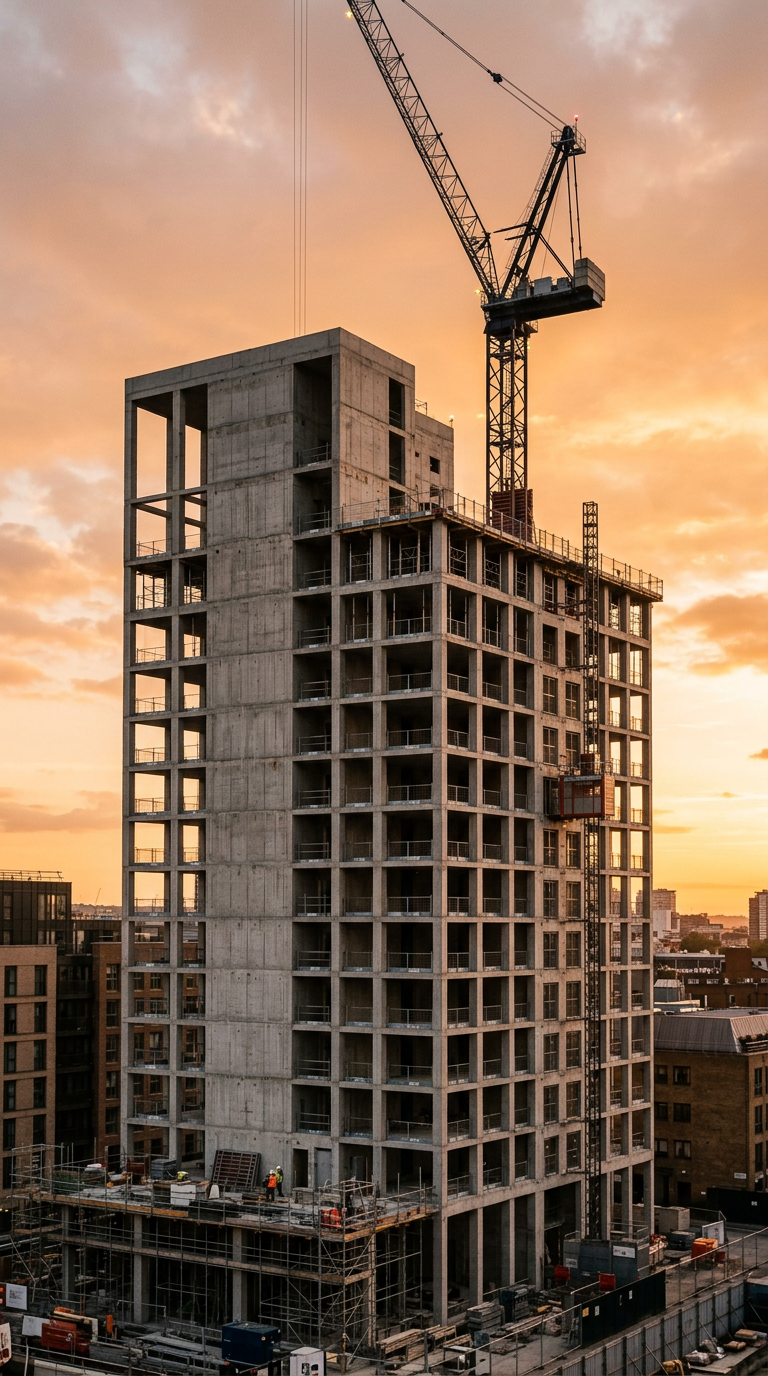 Moderner Betonbau im Entstehen bei goldenem Licht